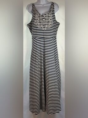 Chaps Striped Embroidered Lace-Up Maxi Dress Navy White Cotton XL